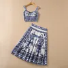 Zomer Spaghetti-band Tweede stuk rok lieverd nek blauw paisley print katoen camisole top hoge taille peplum middenkalf pakken 2 stuks set 22q15set