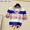 wangcai01 Women's T-Shirt LJSXLS Striped V-Neck Pullover Women Short Seve T Shirt New Thin Summer Tops Knitted Tshirts Korean Fashion Womens Clothing 0317H23