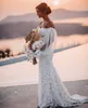 Suknie ślubne plażowe suknie ślubne A linia 3D-płaski koraliki długie rękawy z ramion boho koronkowy tiul sukienka ślubna vestido de noiva plus rozmiar