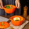Bols Creative Citrouille Bol En Céramique Soupe À Deux Oreilles Mignon Ménage Avec Couvercle Nouilles À La Vapeur Oeuf