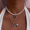 Chaînes Punk Coloré Fleur Yin Yang Bagua Collier De Perles Pour Femmes Blanc Imitation Perles Perle Charmes Clavicule Chaîne Bijoux