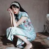 Etniska kläder Sheng Coco Women Vintage Chipao Ligth Blue Evening Party Dress Chinese Qipao Oriental Mandarin Collar Floral Elegant