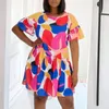 Casual Dresses Women Plus Size Dress Printed O Neck Kort ärmar Ruffles Curve Colorful Summer Fashion