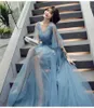 Ethnic Clothing Sexy Elegant Evening Dress Full Floor Lenght Beading Flowers Beautiful Formal Dresses Blue Gray Lantern Sleeve Long Party