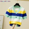 wangcai01 Women's T-Shirt LJSXLS Striped V-Neck Pullover Women Short Seve T Shirt New Thin Summer Tops Knitted Tshirts Korean Fashion Womens Clothing 0317H23