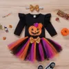 Kledingsets Babymeisjes Halloween -kleding Set Letter met lange mouwen Gedrukt Romper Multicolor garen Rok Hoofdtooi Halloween -kostuum 230317