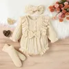 Clothing Sets 2023 Baby Girls 3Pcs Spring Outfits Long Sleeve Button Front Ruffle Romper Socks Headband Baby's Born Items
