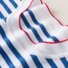 Camiseta para mujer OUMENGKA Mujeres Verano Harajuku Camisetas Thin Knitting Stripe O-Cuello Tops Mujeres Manga corta Elástico Casual Azul Tee Femme 230317