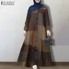 Ubranie etniczne Kobiety Sprężyna muzułmańska Dubaj Abaya Zanzea kratona sprawdź długą sukienkę żeńska puff rękawy indyk