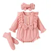 Clothing Sets 2023 Baby Girls 3Pcs Spring Outfits Long Sleeve Button Front Ruffle Romper Socks Headband Baby's Born Items