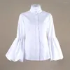 Blouses feminina Lanterna vintage Camisas de manga Mulheres 2023 Stand Collar Blouse White Fashion Cotton Button Tops Blusas 19179