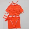 Bikinis set VigoCasey Orange 4PCS/Set Swimwear Women Sexy High Waist Neck Bikini Set 2022 Swimsuit Short Tied Sleeve Bathing Suit Swim Wear P230316