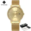 Armbanduhren WWOOR Männer Einfache Slim Uhren Gold Stahl Mesh Ultradünne Wasserdichte Datum Armbanduhr Goldene Uhr mit Box Pack