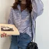 Women's Blouses Shirts kpop blouse for women Korean-style Blue And White Vertical Striped Shirt WOMEN'S Shirt Female Long Sleeve Tops Loose-Fit Lazin 230317