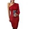 Casual Dresses Pleated Bandeau Sequins Decoration Hip Wrap Evening Dress Women Sexy One Shoulder Long Sleeve Pencil For Cocktail Party