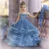 Vestidos de menina Flor azul para túnica de casamento de soire Mariage crianças vestidos de concurso Tulle Ruffled First Communion Dress