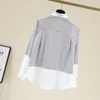 Kvinnors blusar skjortor Kvinnor Spring Stripe Stitching Chiffon Shirt Stand-up Collar Pocket Black and White Stripes Långärmad skjorta Blus 230317