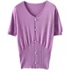 Dames T-shirts Niche Design Franse V-hals Pearl-knop T-shirt Dames zomer 2023 Katoen met korte mouwen slanke top