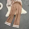 女性の猟犬の格子縞のグリッドサッシはカーディガンとワイドレッグロングデシンジャーパンツスーツルーズセット