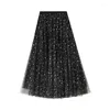 스커트 Normov Sweet Embroidered Pleated Tulle Skirt Women Summer 라인 긴 높은 허리 스팽글 행성 메쉬 Maxi