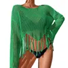 Women's Swimwear Sexy Bikini Cover-Up O-neck Flared Long Sleeve Tassel Loose Top Crochet Knitted See-Through Net Sunscreen Blouse Female Clo