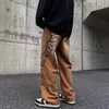 Herrbyxor mode brev graffiti brun hip hop män baggy jeans y2k kläder rak vintage denim byxor pantalon homme 230317