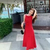 Vestidos casuais verão vermelho vestido de deslizamento comprido mulheres 2023 elegante tira formal Reched para convidados de casamento de higiene