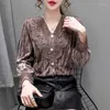 Women's Blouses Three Colors Fairycore Style Lace V-neck Bubble Sleeve Golden Velvet Flower Printing Women Shirt Silky Pearl Button Plus