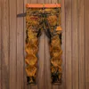 Men's Jeans Holes Scratched Vintage Embroidery Stitched Moustache Printed Teens Youth Boys Straight Denim Trousers Pants