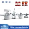 ZONESUN Linea di produzione automatizzata per etichettatrice per tappatura di riempimento di vasetti di vetro per bottiglie rotonde con tappo a spirale per salsa al peperoncino