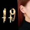 Boucles d'oreilles créoles double chaîne piercing cerceaux avec goutte croix charme en acier inoxydable boucle d'oreille pour hommes femmes