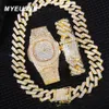 STRANDS STRINGS ICDE OUTWORD HOUDEN CUBAN LINKKACHT MACKELDE NILLACE CHOKER BLING SIERAMEN MANNEN Big Gold Color Chains Hip Hop Punk Watch Set 230316