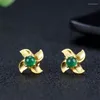 Stud-oorbellen Verkoop van natuurlijke handgesneden goudkleur 24k inleg Jade Windmill Studs Fashion Jewelry Accessories Menwomen Luckgifts