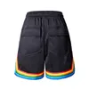 Mäns shorts Rainbow Color Striped Mesh Casual Summer Mens Shorts Zipper Pockets Streetwear Overdimased Drawstring Kne Lenght Pants G230316