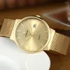 Armbanduhren WWOOR Männer Einfache Slim Uhren Gold Stahl Mesh Ultradünne Wasserdichte Datum Armbanduhr Goldene Uhr mit Box Pack