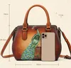 Abendtaschen Flut Große Kapazität Hand Zeichnen Pfau Kopfschicht Rindsleder Frauen Handtasche Druck Echtes Leder Mode Retro Umhängetasche