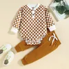 Clothing Sets -07-02 Lioraitiin 0-24M Infant Baby Girl Boy Suit Set Checkerboard Print Long Sleeve Romper with Buttons Tie-Up Long Pant 230317