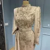 Gris Champagne sirène robes de bal musulmanes avec manches longues dentelle perlée arabe robe de soirée robe arabe pour mariage