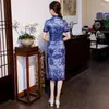 Ethnische Kleidung, blau, Übergröße, Damen, orientalischer Retro-Cheongsam, Sommerdruck, Blumenmuster, elegantes Abendkleid, Vintage-chinesisches Robe-Kostüm, schlank