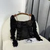 Camicette da donna Collezione autunno 2023 Slim Solid Black Diamond aderente pieghettato Vintage Top da donna Pullover