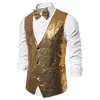 Men's Vests Shiny Royal Blue Sequin Dress Men Slim Fit V Neck Glitter Tuxedo Waistcoat Mens Wedding Party Stage Prom Vest with Bowtie 230317