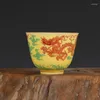 Чашки блюдцы Chenghua Желтая земля Красная Цвета Дизайн Dragon Small Cup Antique Ornament