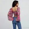 Women's Blouses Boho Inspired Floral Print Corset Tops Women Long Sleeve Spring Summer Blouse Bow Tied Front Square Neck Sexy