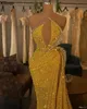 Sequined Shiny Yellow Prom Dresses Sexy Halter Sparkle Rhinestones Formal Party Gowns High Thigh Split Long Mermaid Women Special Ocn Evening Dress CL2021