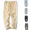 Men's Pants Men's White Stripes Casual Cotton And Linen Nine-point Harem Youth Drawstring