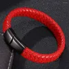 Charm Bracelets Red Braided Leather Bracelet Men Jewelry Stainless Steel Magnetic Clasp Fashion Bangles Gifts Pulsera Hombre