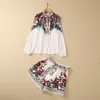 2023 Summer Floral Print Two Piece Tracksuits Set White Long Sleeve Stand Collar Single-Breasted Blue Belt Paneled Short Shorts Suits Set S3F130216