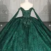 Hunter Green Blowly Princess Quinceanera Sukienki z długim rękawem Cape z koraliki kwiatowy Gillter koronkowy gorset vestido verde esmer