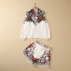 2023 Summer Floral Print Two Piece Tracksuits Set White Long Sleeve Stand Collar Single-Breasted Blue Belt Paneled Short Shorts Suits Set S3F130216