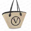 2 delar Petit Bucket Bag Dam Designer Raffia Shopper Beach Bags Large Letter V Halm Handväskor Designers Axelväska Basket Bags